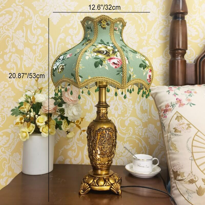 Traditional European Vintage Floral Texture Fabric Pleated Resin Base 1-Light Table Lamp For Home Office