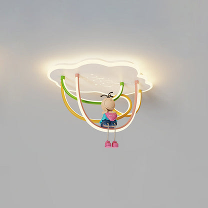 Contemporary Creative Cartoon Astronaut Cloud Iron Aluminum Rainbow Curve LED Kids Flush Mount Ceiling Light For Bedroom