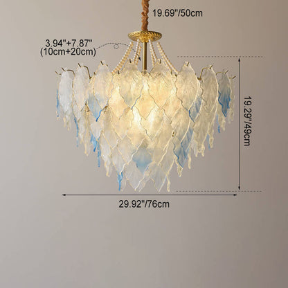 Traditional French Round Tree Leaf Blade Pearl Iron Copper Glass 3/6/9/12 Light Chandelier For Living Room