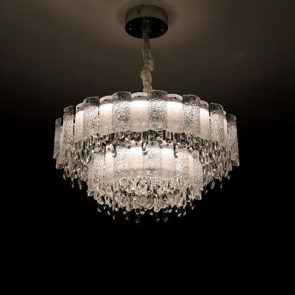 Traditional French Round Ripple Metal Crystal Glass LED Chandeliers For Living Room