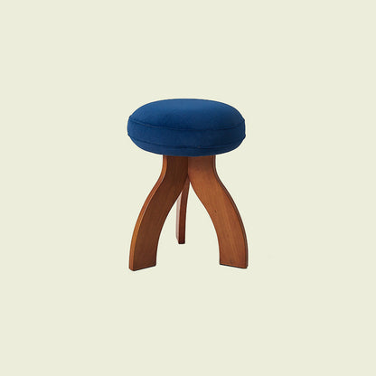 Traditional Vintage Round Triangle Base Wood Fabric Vanity Stool For Bedroom