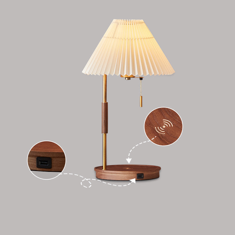 Modern Pleated Shade Walnut Wood Round Base 1-Light Table Lamp