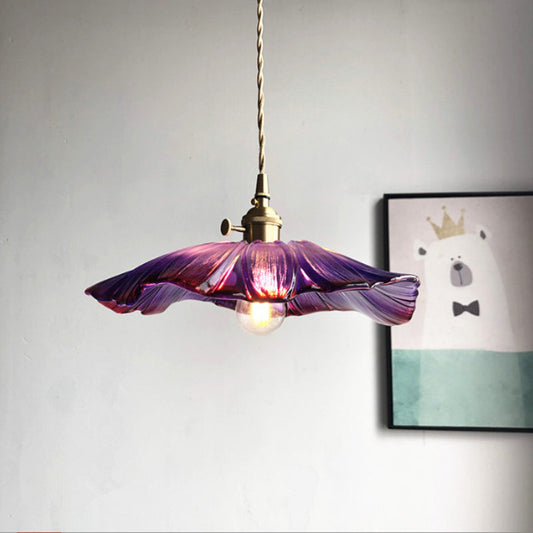 Traditional Vintage Brass Lotus Leaf Glass Shade 1-Light Pendant Light For Living Room