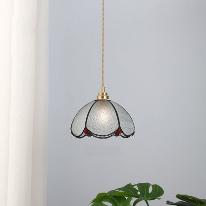 Japanese Vintage Brass Stained Glass Cone 1-Light Pendant Light