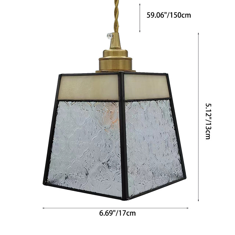 Traditional Vintage Brass Glass Cylinder Quadripartite Horn Lattice 1-Light Pendant Light For Dining Room
