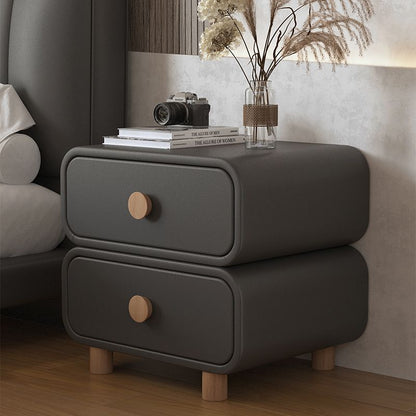 Contemporary Scandinavian Square Tabletop Solid Wood Faux Leather Stainless Steel Nightstand 2-Drawer For Bedroom