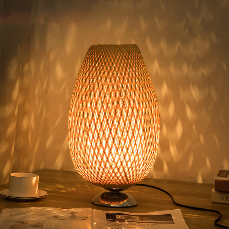 Chinese Minimalist Bamboo Weaving Oval Round 1-Light Table Lamp
