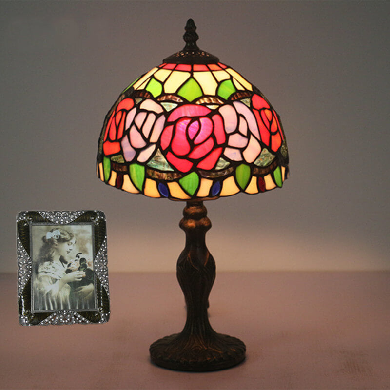 Retro Tiffany Flowering Rose Stained Glass 1-Light Table Lamp