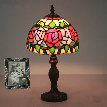 Retro Tiffany Flowering Rose Stained Glass 1-Light Table Lamp
