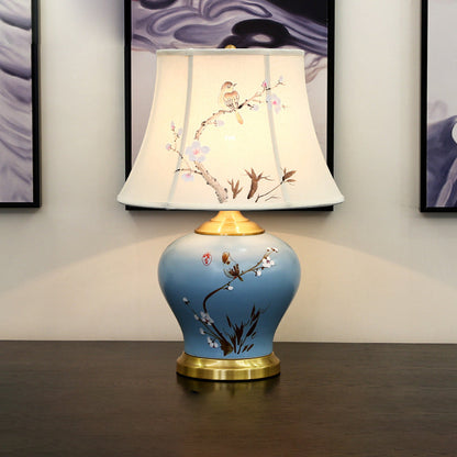 Traditional Chinese Plum Blossom Cylindrical Copper Ceramic Fabric 1-Light Table Lamp For Bedroom