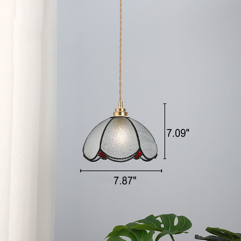 Japanese Vintage Brass Stained Glass Cone 1-Light Pendant Light