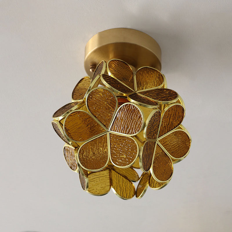 Modern Art Deco Brass Finish Frame Petal Glass Shade 1-Light Semi-Flush Mount Ceiling Light For Living Room