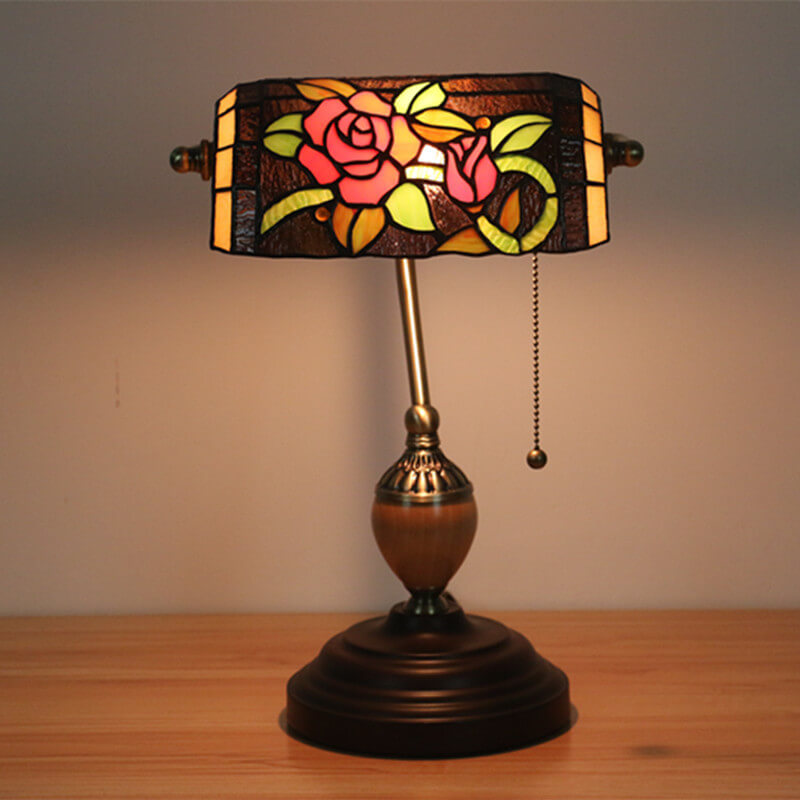 European Tiffany Flower Glass 1-Light Banker Table Lamp