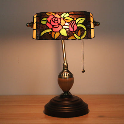European Tiffany Flower Glass 1-Light Banker Table Lamp