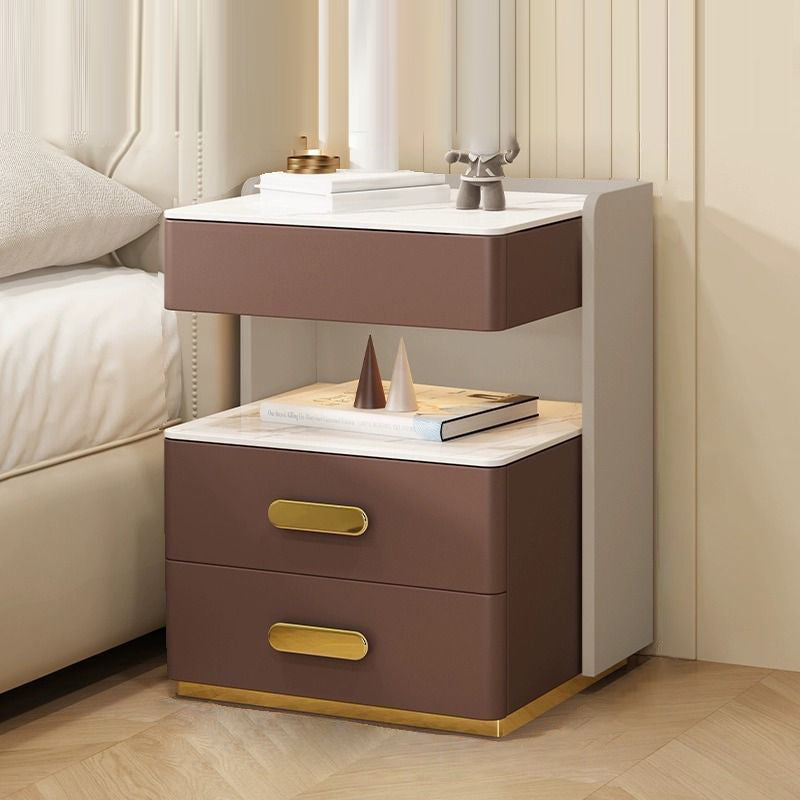 Contemporary Luxury Rectangular Rock Slab Solid Wood Microfiber Leather Nightstand 2-Drawer For Bedroom