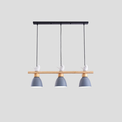 Contemporary Scandinavian Round Bird Iron Wood Resin 3-Light Island Light Chandelier For Dining Room