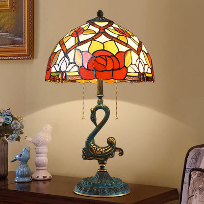 European Luxury Stained Glass Swan Base Copper 2-Light Table Lamp