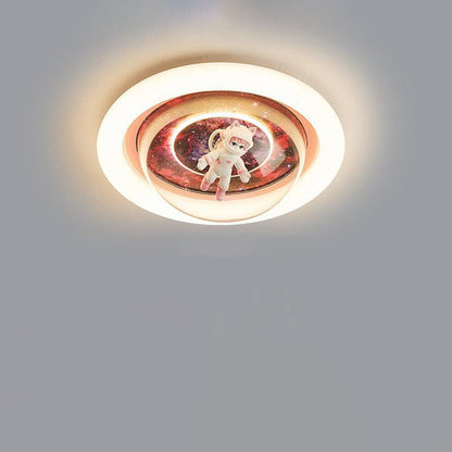 Contemporary Creative Cartoon Planet Resin Astronaut Acrylic Round Shade LED Kids Flush Mount Ceiling Light For Bedroom