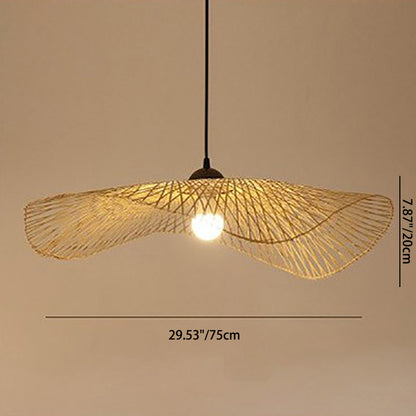 Traditional Chinese Iron Bamboo Weaving Hat Irregular Round Ball 1-Light Pendant Light For Dining Room