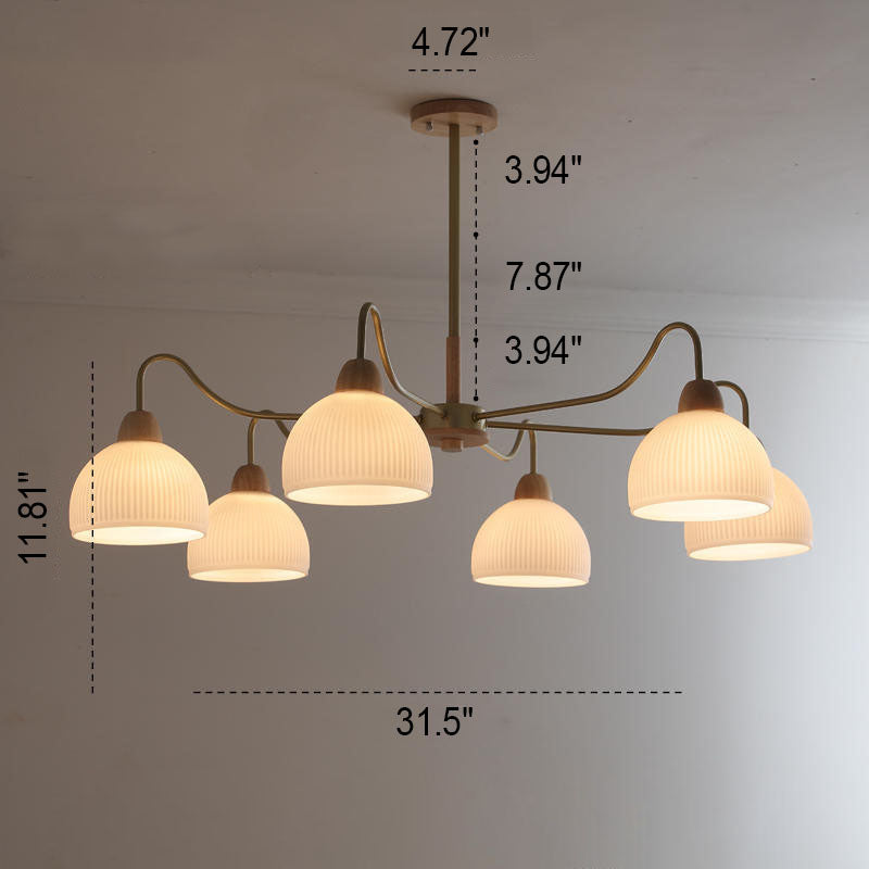 Nordic Japanese Glass Round Wood 3/6/8 Light Chandelier