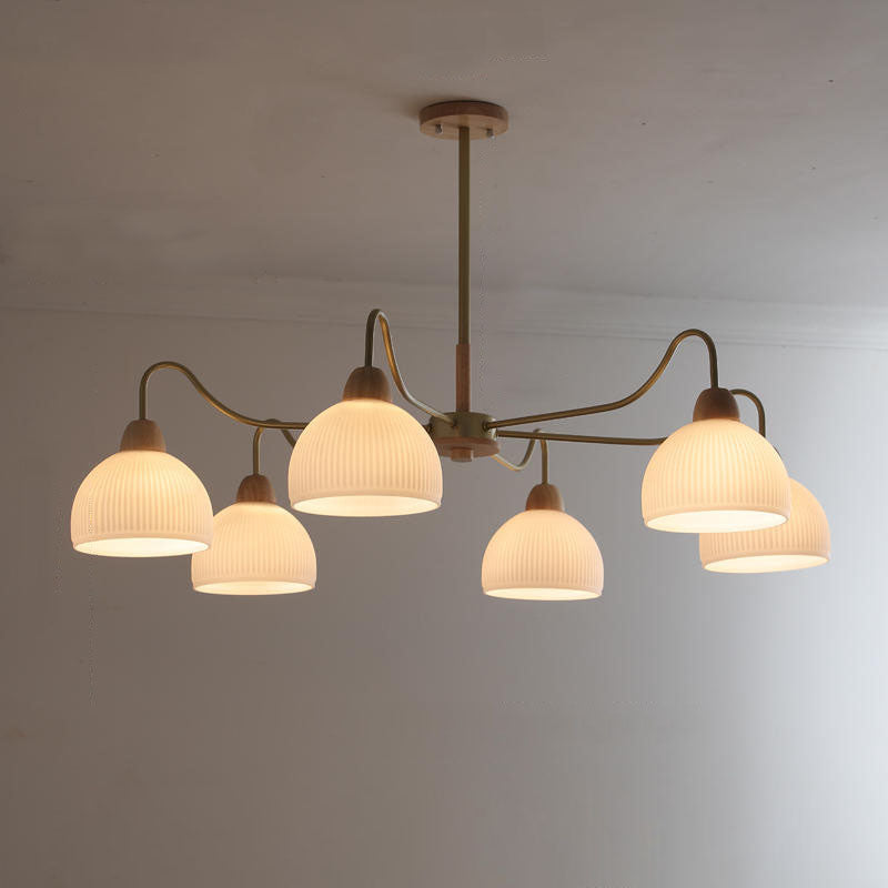Nordic Japanese Glass Round Wood 3/6/8 Light Chandelier