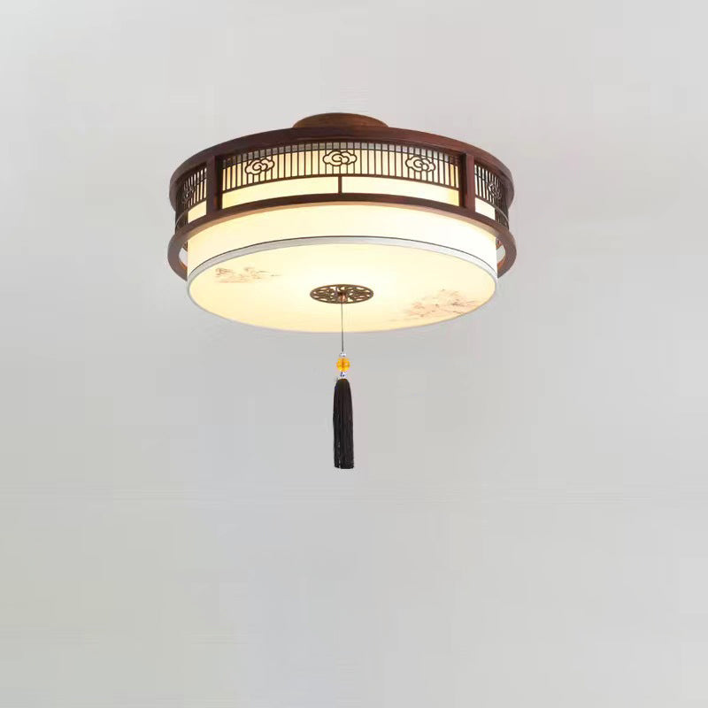 Traditional Chinese Solid Wooden Fabric Lantern Shade 1/3-Light Chandelier For Living Room