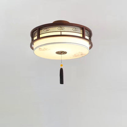 Traditional Chinese Solid Wooden Fabric Lantern Shade 1/3-Light Chandelier For Living Room