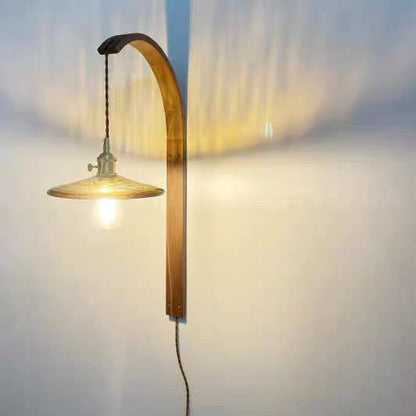 Traditional Japanese Round Ceramic Glass Shade Wood Curved Pole 1-Light Wall Sconce Lamp For Living Room