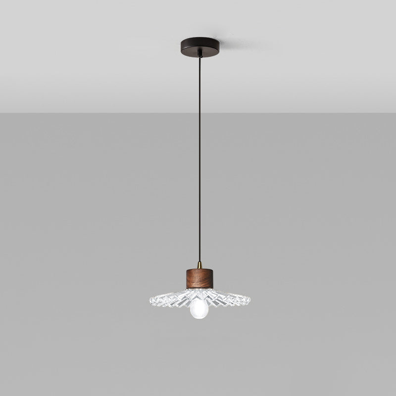 Traditional Chinese Iron Walnut Glass Conic Umbrella-Shaped 1-Light Pendant Light For Dining Room