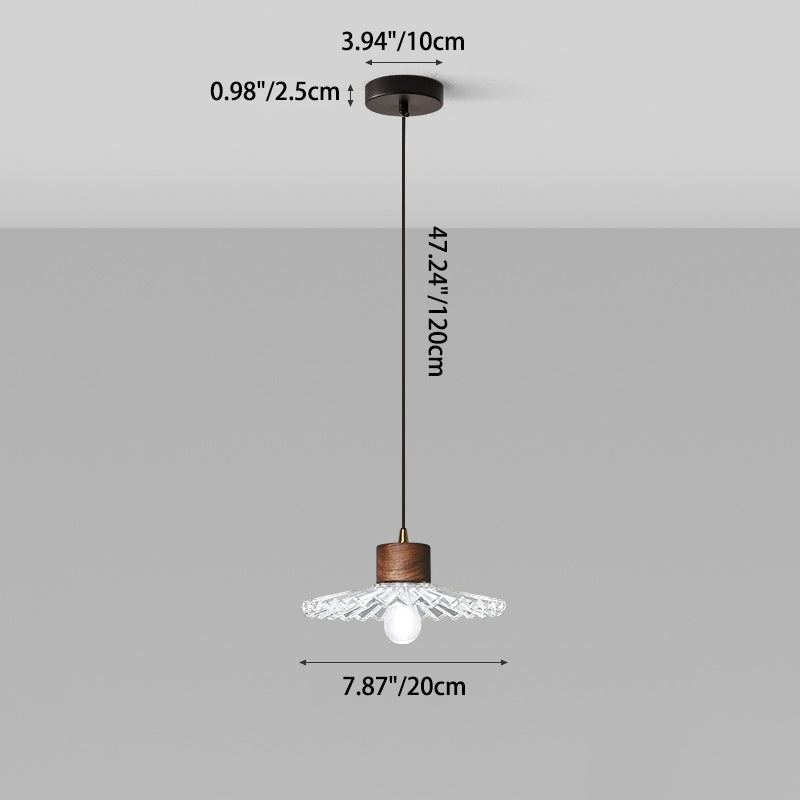 Traditional Chinese Iron Walnut Glass Conic Umbrella-Shaped 1-Light Pendant Light For Dining Room