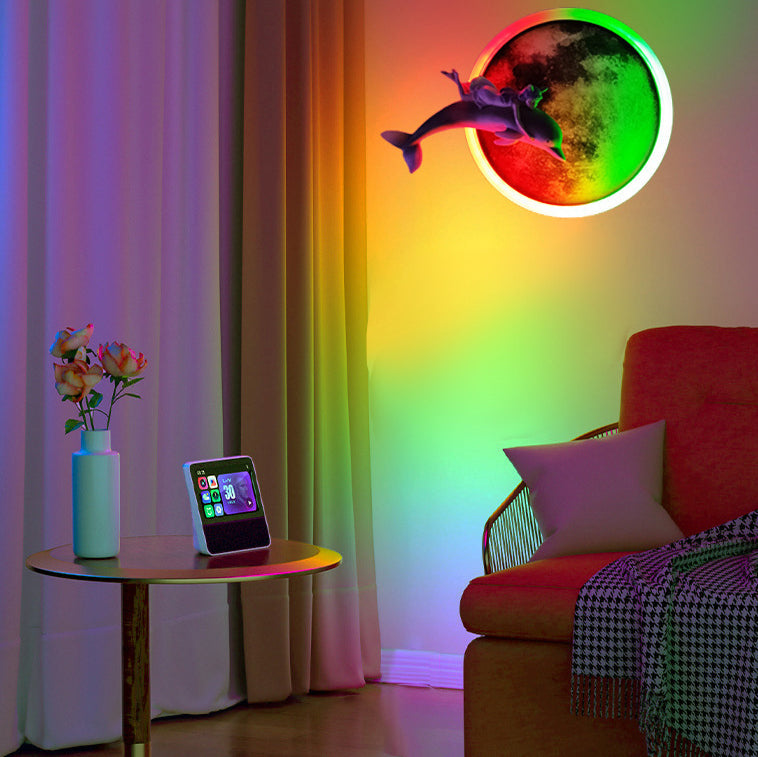 Modern Minimalist Iron Acrylic Round Moon Dolphins Astronauts LED Wall Sconce Lamp For Living Room