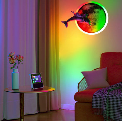 Modern Minimalist Iron Acrylic Round Moon Dolphins Astronauts LED Wall Sconce Lamp For Living Room