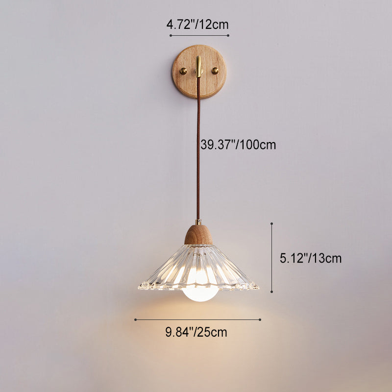 Contemporary Retro Cylinder Petal Cone Solid Wood Glass 1-Light Wall Sconce Lamp For Bedroom