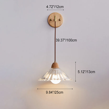Contemporary Retro Cylinder Petal Cone Solid Wood Glass 1-Light Wall Sconce Lamp For Bedroom
