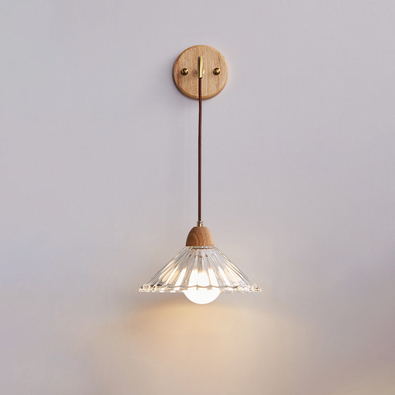 Contemporary Retro Cylinder Petal Cone Solid Wood Glass 1-Light Wall Sconce Lamp For Bedroom