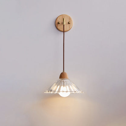 Contemporary Retro Cylinder Petal Cone Solid Wood Glass 1-Light Wall Sconce Lamp For Bedroom