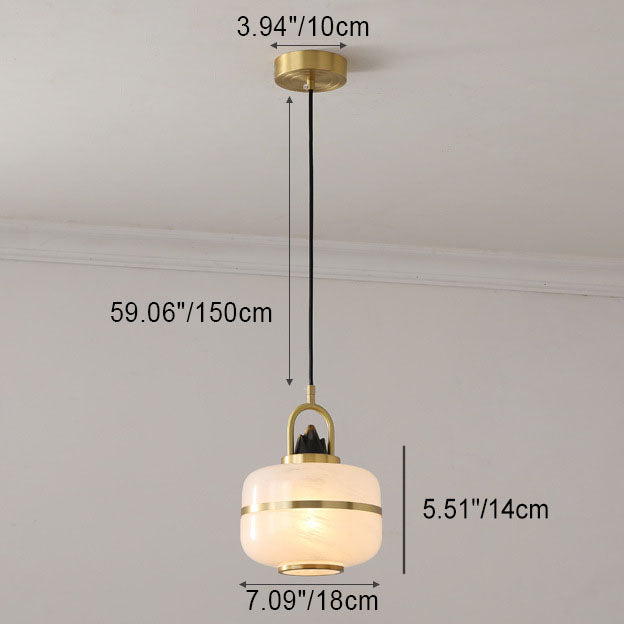 Traditional Chinese Copper Framed Glass Shade 1-Light Pendant Light For Living Room