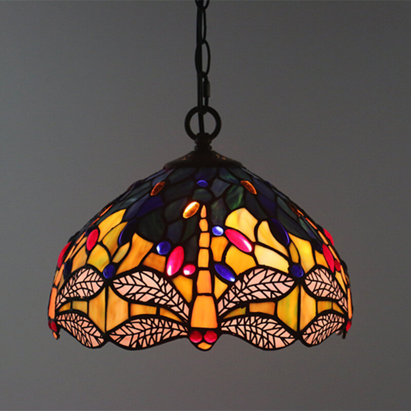 Tiffany Vintage Butterfly Stained Glass Dome 1-Light Pendant Light