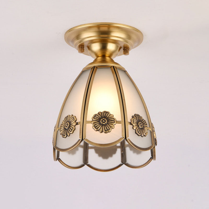 European Luxury Brass Glass Cone 1-Light Semi-Flush Mount Ceiling Light