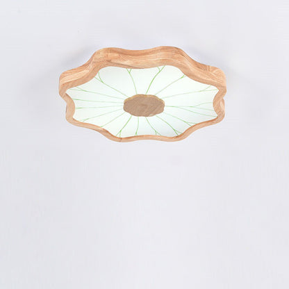 Traditional Chinese Lotus Leaf Wooden Iron Acrylic LED Flush Mount Ceiling Light For Living Room