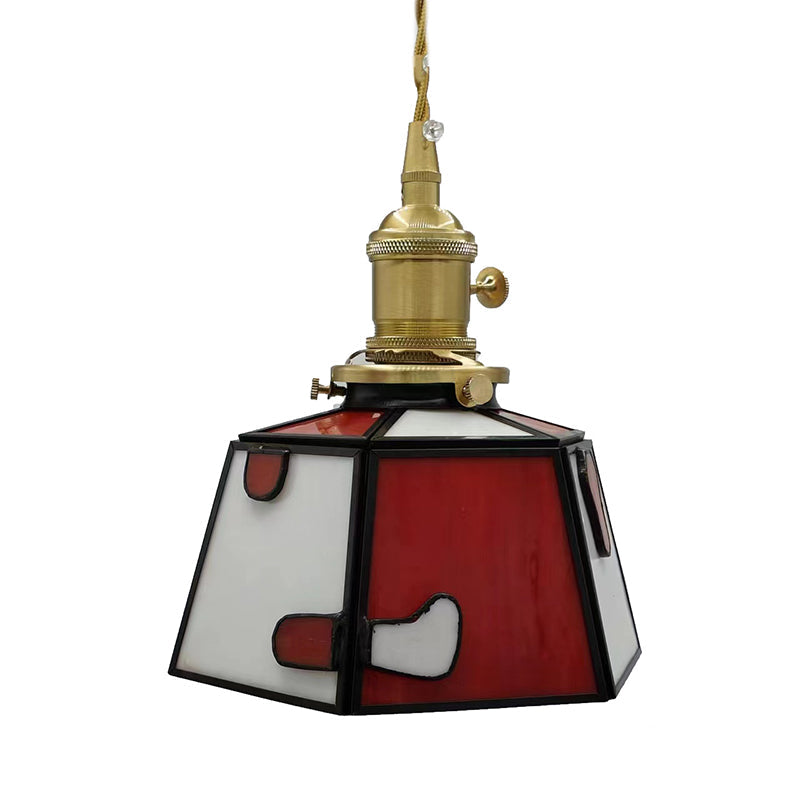 Traditional Vintage Brass Glass Cylinder Quadripartite Horn Lattice 1-Light Pendant Light For Dining Room