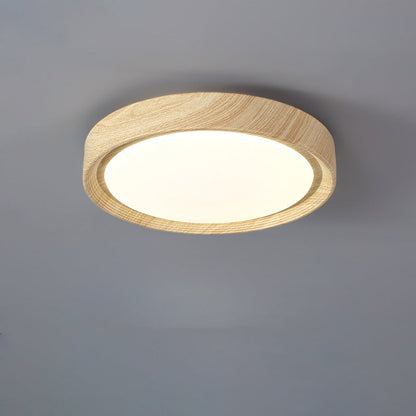 寝室用、現代的なシンプルさを追求した丸型木目調アクリル製LEDフラッシュマウントシーリングライト