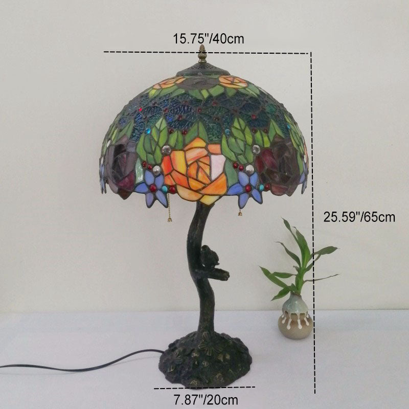 Traditional Tiffany Flower Stained Glass Resin Base 2-Light Table Lamp For Living Room