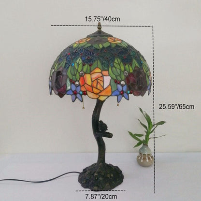 Traditional Tiffany Flower Stained Glass Resin Base 2-Light Table Lamp For Living Room