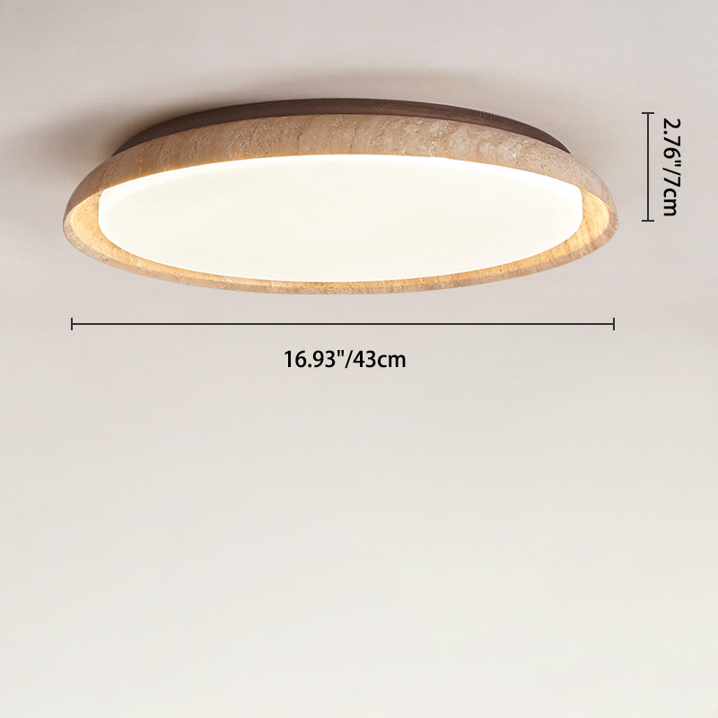 Traditional Japanese Round Disc Style Travertine Solid Wood Acrylic LED Flush Mount Ceiling Light For Bedroom