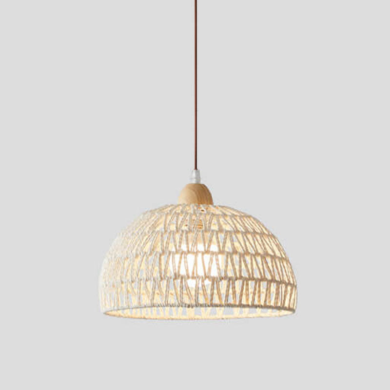 Contemporary Boho Wood Rattan Weaving Dome 1-Light Pendant Light For Dining Room