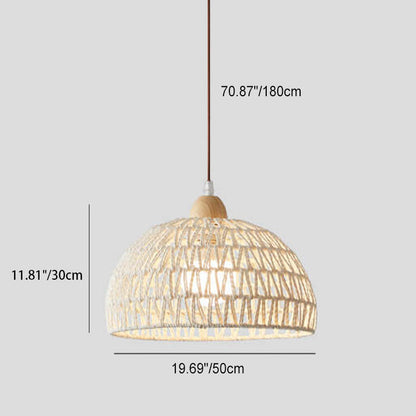 Contemporary Boho Wood Rattan Weaving Dome 1-Light Pendant Light For Dining Room