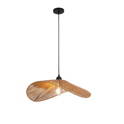 Traditional Vintage Wood Paper Rope Weaving Straw Hat Shape 1-Light Pendant Light For Living Room