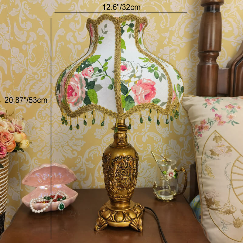 Traditional European Vintage Floral Texture Fabric Pleated Resin Base 1-Light Table Lamp For Home Office
