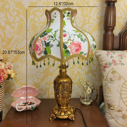 Traditional European Vintage Floral Texture Fabric Pleated Resin Base 1-Light Table Lamp For Home Office